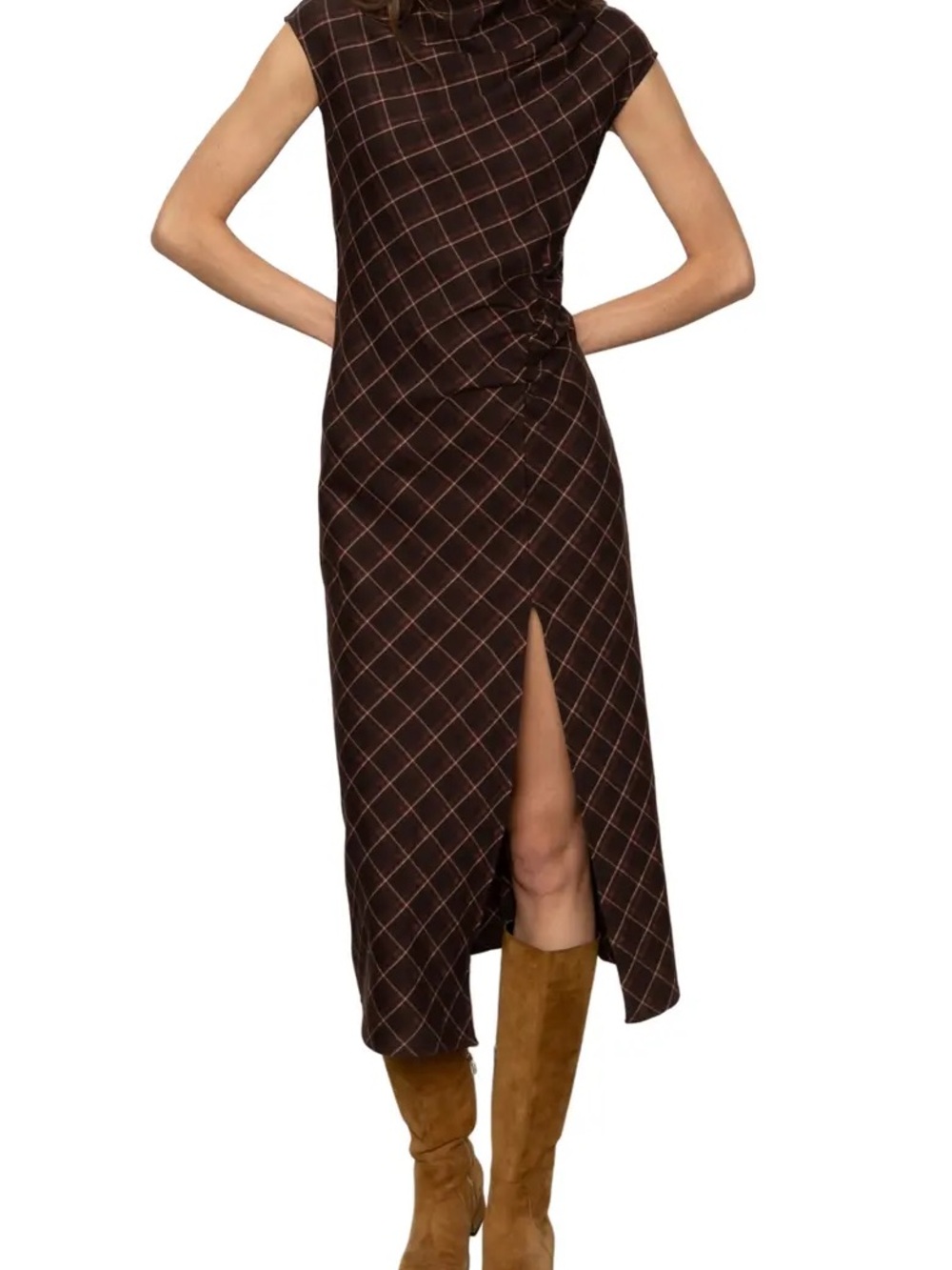 Sanctuary Chocolate Windowpane Midi Dress with Front Slit